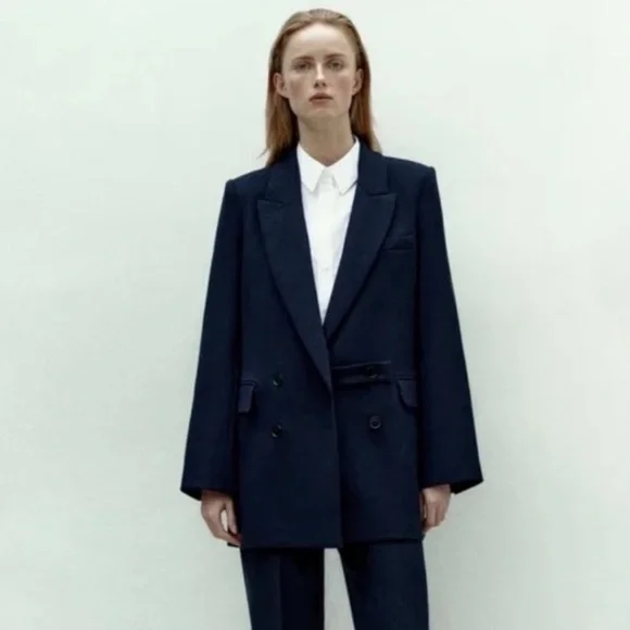 Zara Double Breasted Blazer In Navy Blue With Interior Strap Size Large - Picture 11 of 12